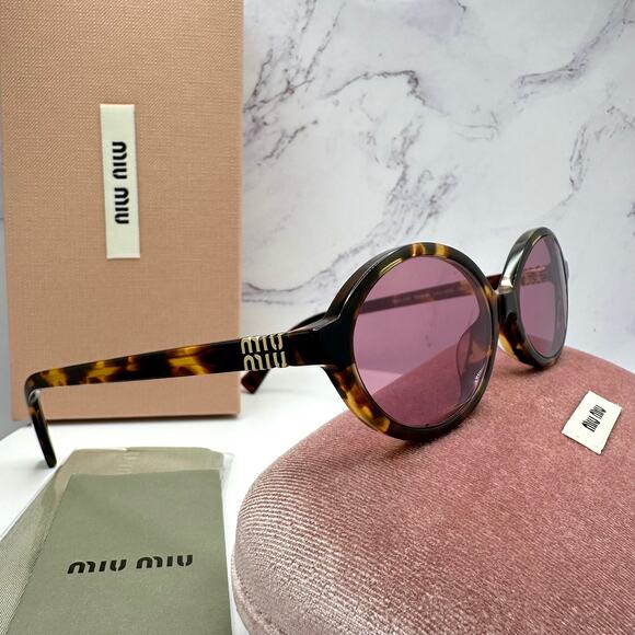 MIU MIU Sunglasses New Brown Tortoise Round Acetate Gold Metal Logo Authentic - Picture 10 of 16